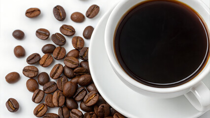 Product photo of black coffee in white cup from above with coffee beans