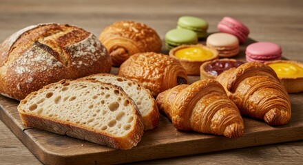 Assortment of bread croissants pastries and macarons on a wooden board.
