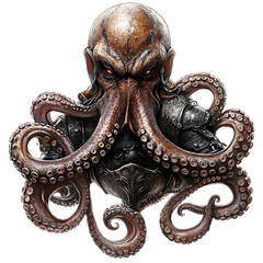 Obraz premium A mutant octopus warrior with metallic tentacle armor, isolated on a transparent background