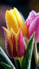 Fototapeta premium Bright tulip flowers glisten with morning dew