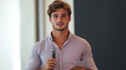 Man Speaking Into Microphone Holding Paper During Public Speaking Event