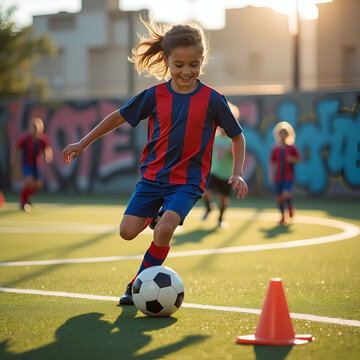 Fototapeta "Happy Kid Playing Soccer in Football Jersey - Playground Sports Action Photo"