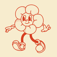 Cheerful flower character retro mascot with smiling face and shoes. Cute spring or summer symbol