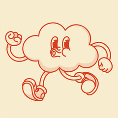 Cheerful cloud character retro mascot running in cute shoes.