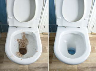 Difference between clean and dirty toilet bowl in a bathroom