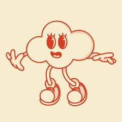 Cheerful cloud character retro mascot surprised or scared  in cute shoes.