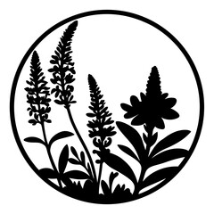 Elegant Black Silhouette of Wildflowers in a Circular Frame Botanical Illustration