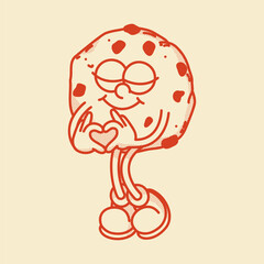 Cheerful cartoon cookie mascot character with fingers in heart love sign and cute shoes. Bakery menu symbol