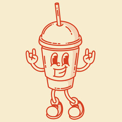 Smiling friendly coffe to go with straw character mascot in shoes. Coffee shop mascot symbol. Rock gesture