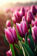 Fototapeta premium Vibrant purple tulips adorned with morning dew droplets