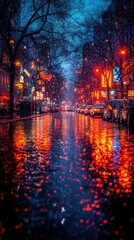 City street at night, rain reflections