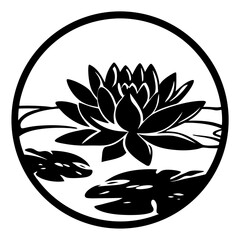 Water Lily in a Pond Black and White Circle Design Illustration Graphic Art