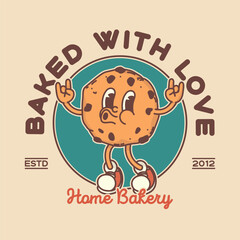 Bakery shop signboard logo template. Retro cookie biscuit mascot for promo banner flyer