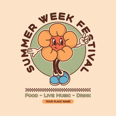Summer or spring festival flyer template with retro mascot flower with face