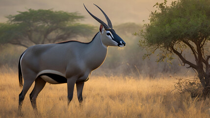 Fototapeta premium nilgai A stately nilgai stands amid the golden grasses of the Indian savanna ai