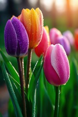 Fototapeta premium Vibrant tulip flowers sparkling with morning dew