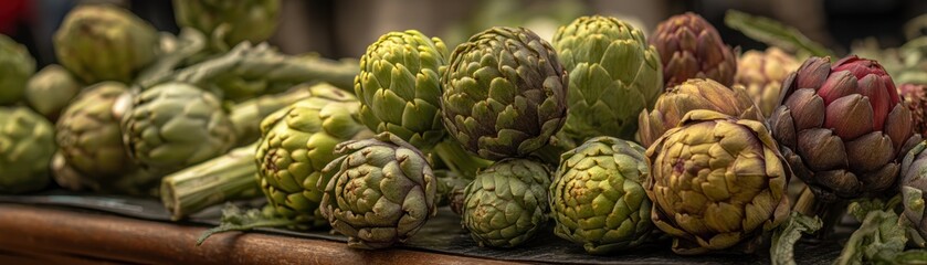 Obraz premium A bunch of fresh artichokes, various sizes, on market stall display - outdoor farmers ingredient assortment