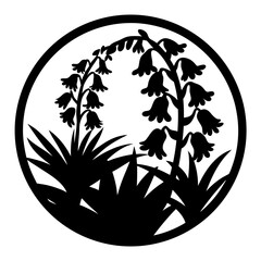 Elegant Black and White Silhouette of Flowers in a Circular Frame Botanical Illustration