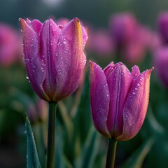 Fototapeta premium Pink tulip flowers glistening in morning dew