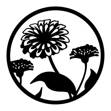 recommend clip art: Elegant Black and White Floral Design with Zinnia Flowers in a Circular Frame