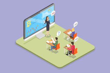 3D Isometric Flat Vector Illustration of Cryptocurrency and Education, Crypto Trade Academy