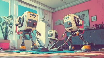 Cute robots cleaning a home