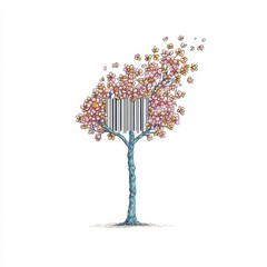 Pink Blossom Tree with Barcode Trunk Pixel Art Illustration