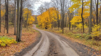 Autumn road curves through golden forest