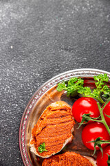 Pepper pate red pepper dip roasted vegetable hummus appetizer vegetables dish fresh gourmet food background on table rustic food top view copy space keto and paleo diet vegetarian and vegan food