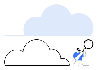 Man holding magnifying glass near outlined cloud, suggesting investigation, cloud data, or storage. Ideal for technology, analytics, research, exploration, cloud computing innovation flat simple