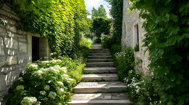 Fototapeta Stone Steps Pathway Through Lush Greenery In Old European Town