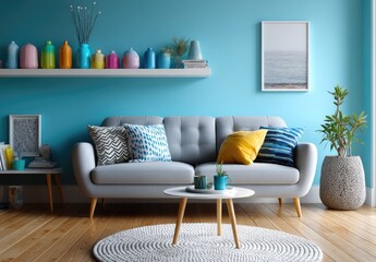 A living room with blue walls, a white sofa, and a round coffee table in front of it. A small bookcase is on the left side, with colorful accessories on top