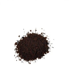 Against a plain white background, a dark brown soil sample with visible clumps and varying particle sizes is shown, relevant to gardening and construction contexts