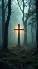 A solemn cross silhouetted against a radiant sunrise or sunset in a misty forest.