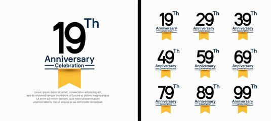set of anniversary logo style with yellow ribbon. vector design black color for celebration