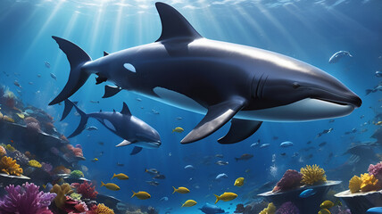 Fototapeta premium false killer whale A sleek false killer whale slices through the deep blue of the open ocean ai