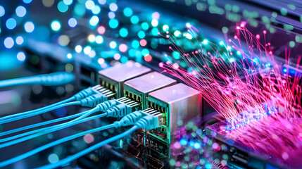 High-Tech Network Equipment With Fiber Optic Cables And Colorful Lights