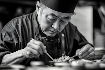 Monochrome portrait of a dedicated chef meticulously preparing a gourmet dish with precise culinary expertise