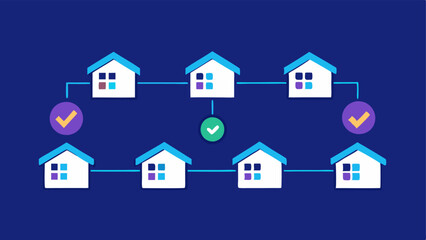 Blockchain Ledger with House Icons A simplified ledger screen showing rows of houses being added and marked as verified representing the recording of real estate transactions.
