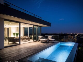 Fototapeta premium Modern Rooftop Pool with City View at Night
