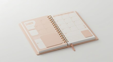 Open peach planner: Spiral bound, calendar layout, minimalist design.