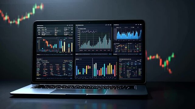 Laptop screen showing multicolored financial charts and graphs, with a dark background and sleek hardware
