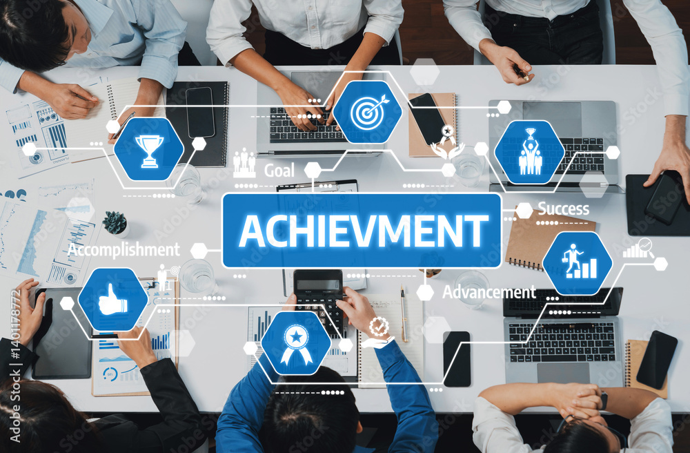Poster a dynamic team collaborates in a modern office setting, leveraging digital tools to achieve success.