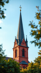 Obraz premium A tall brick church with a pointed steeple and cross atop.