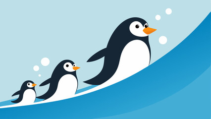 Family Fun Time A family of penguins including a parent and two young chicks is depicted sliding down a wide gentle slope together. The youngsters are wobbling on their bellies