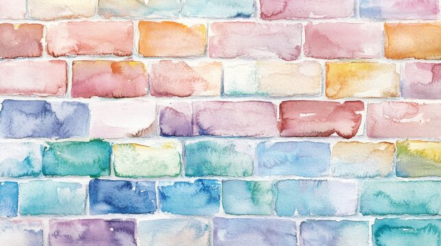 Fototapeta Pastel Watercolor Brick Wall Texture - Dreamy, soft, colorful, textured, and artistic brick wall. Symbolizing imagination, creativity, tranquility, serenity, and hope