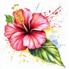 Fototapeta premium Vibrant Watercolor Hibiscus Flower with Splashes of Yellow and Blue Paint in Artistic Style