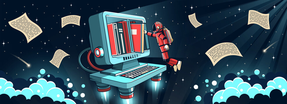 Futuristic astronaut floating in outer space, interacting with a hovering computer terminal that resembles a digital library. Books and documents fly around in zero gravity. Vector illustration.
