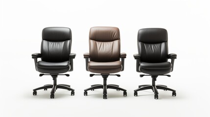 Fototapeta premium Ergonomic black and brown leather office chairs with wheels and armrests, arranged side by side on a white background. 