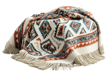 Cozy ethnic throw blanket cream base with teal orange and brown geometric on transparent background